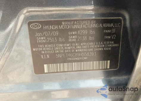 2009 Hyundai Sonata Gls from USA, damaged, VIN 5NPET46C89H558393